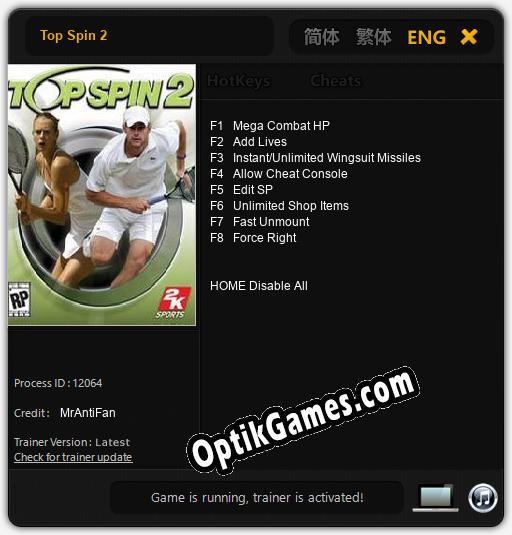 Top Spin 2: Cheats, Trainer +8 [MrAntiFan]