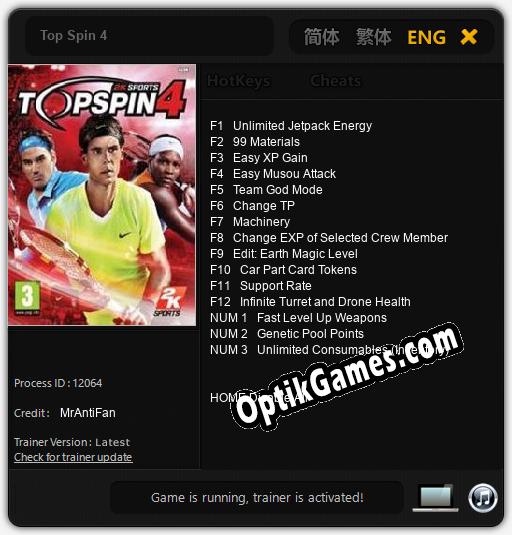 Top Spin 4: TRAINER AND CHEATS (V1.0.24)