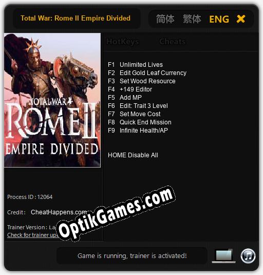Trainer for Total War: Rome II Empire Divided [v1.0.6]
