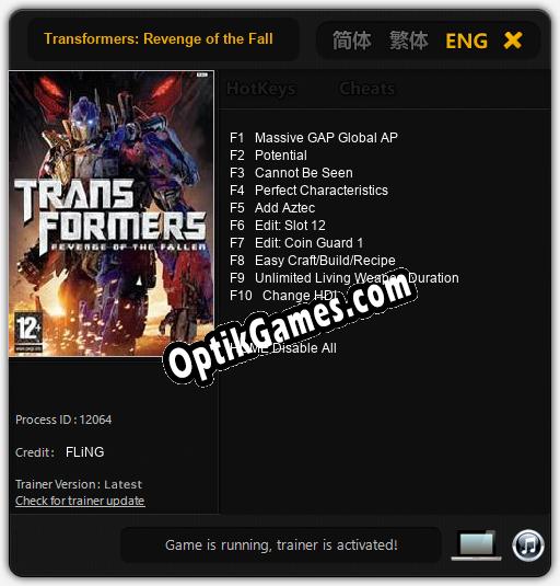 Trainer for Transformers: Revenge of the Fallen The Game [v1.0.5]