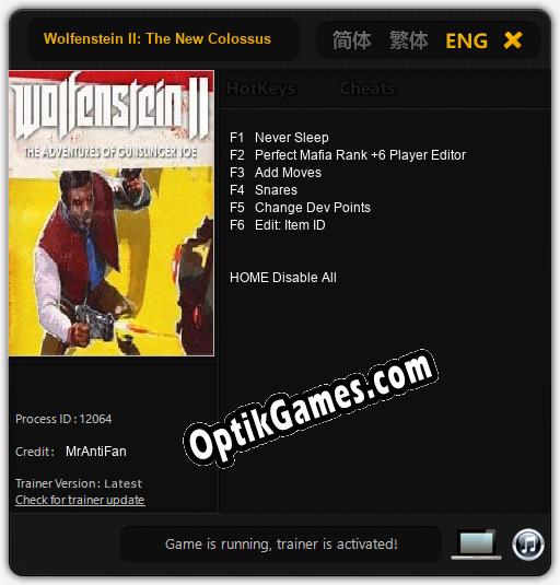 Trainer for Wolfenstein II: The New Colossus The Adventures of Gunslinger Joe [v1.0.1]