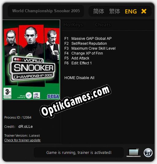 World Championship Snooker 2005: Cheats, Trainer +6 [dR.oLLe]