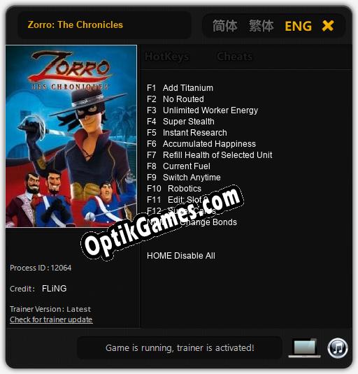 Trainer for Zorro: The Chronicles [v1.0.9]